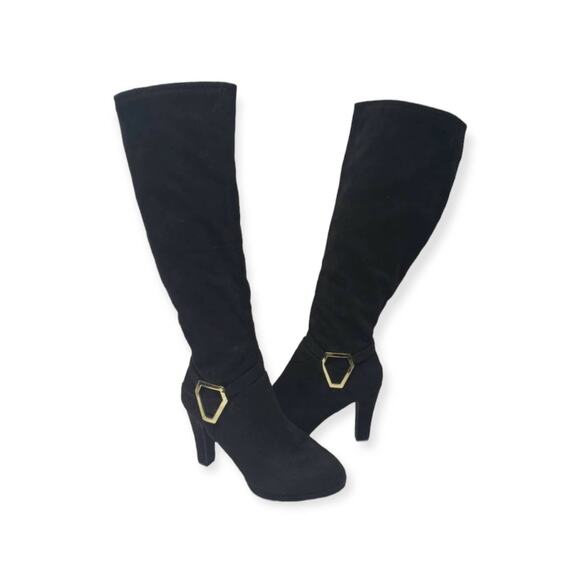 IMPO Stretch Black & Gold Suede Knee High Heeled Boots - Size 8 - Picture 1 of 11